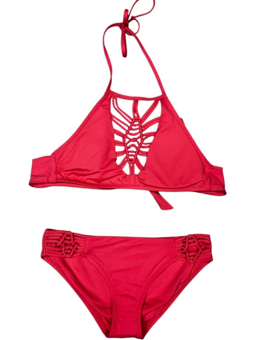 Becca Janis Bikini Electric Coral High Neck Halter Small, Macramé High-Neck - Picture 2 of 13